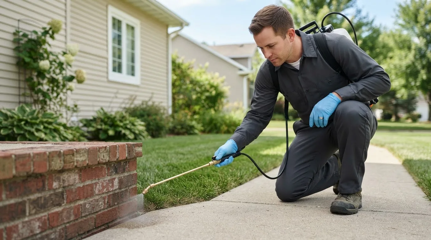 Pest control technician treating a home near Mabie, WV