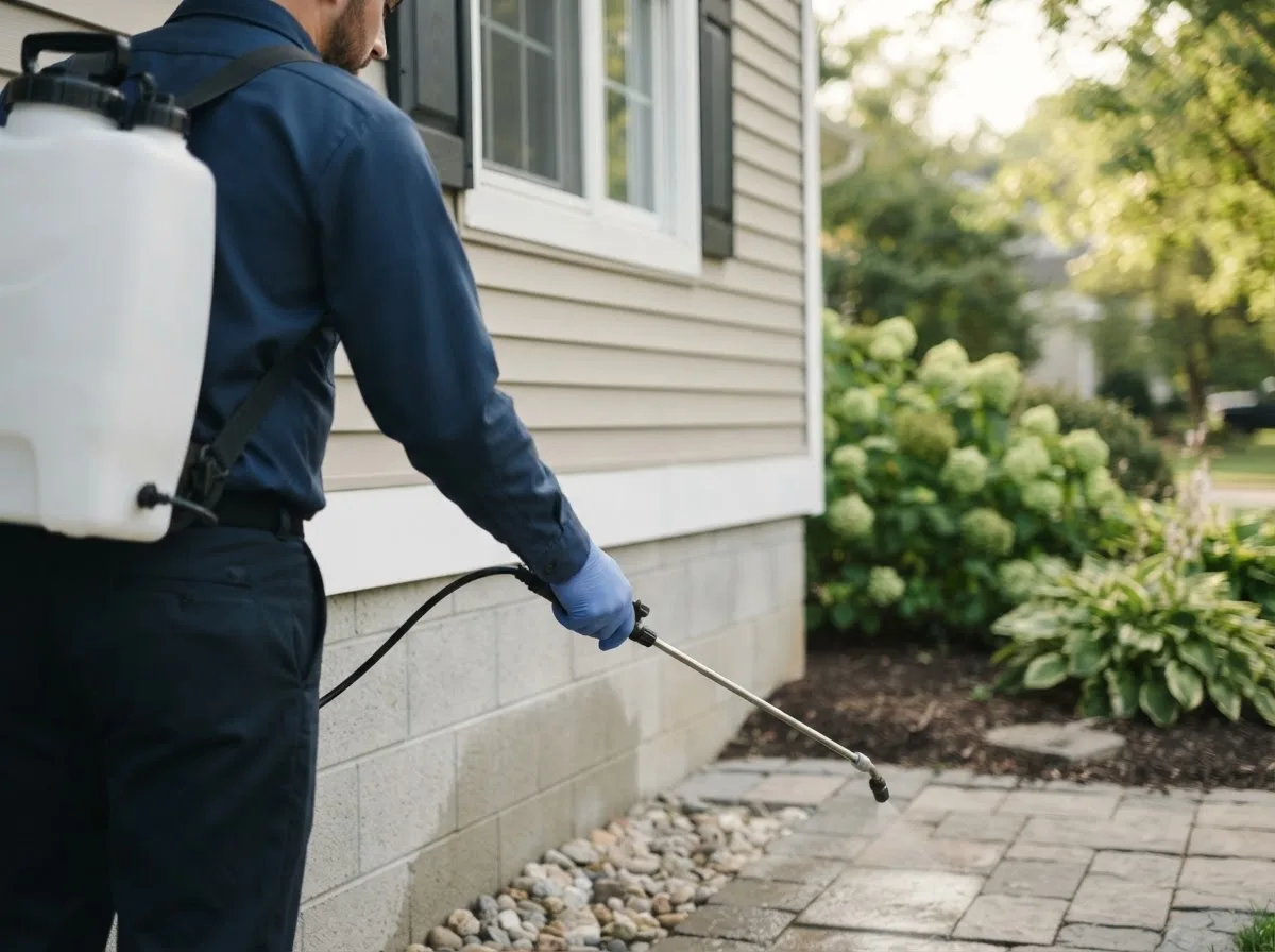 Pest control technician inspecting a home in Mabie, WV